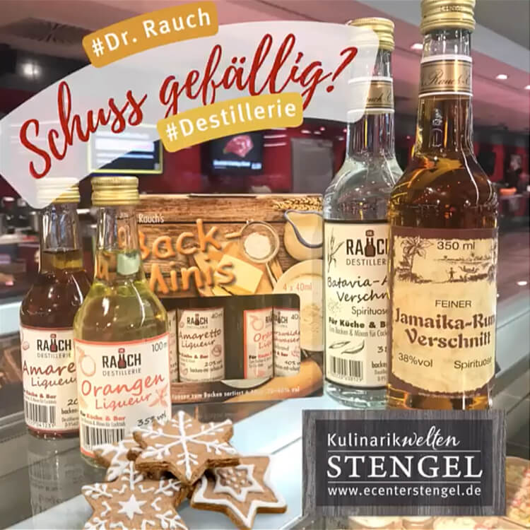 Mit den fünf verschiedenen (Weihnachts-)Spirituosen von der familiengeführten oberfränkischen Destillerie Dr. RAUCH lassen sich Kuchen, Brownies & Muffins, Quark Crémes, Weihnachts-Punsche und -Plätzchen spielend leicht aufpeppen.