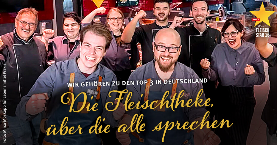 Unsere Fleisch- und Wursttheken gehören zu den besten Deutschlands! Die „Lebensmittel Praxis“ – das Branchenmagazin für Lebensmittelhandel und Ernährungsindustrie – prämierte uns in der Kategorie „Märkte mit einer Verkaufsfläche von über 2.000 qm bis 3.000 qm“.