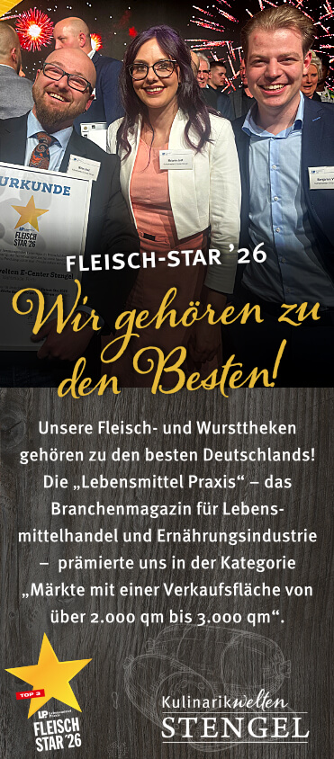 Unsere Fleisch- und Wursttheken gehören zu den besten Deutschlands! Die „Lebensmittel Praxis“ – das Branchenmagazin für Lebensmittelhandel und Ernährungsindustrie – prämierte uns in der Kategorie „Märkte mit einer Verkaufsfläche von über 2.000 qm bis 3.000 qm“.